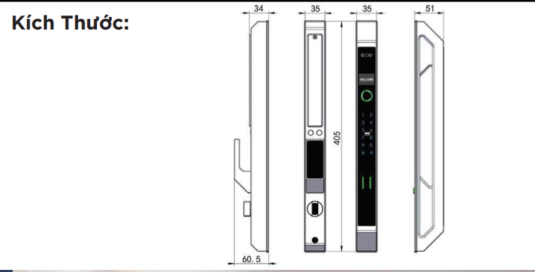 Kích thước khóa vân tay Hubert HB CNI7 EU 