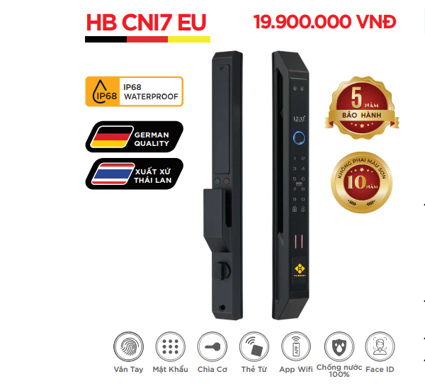 Khóa cửa nhôm Hubert HB CNI7 EU Face ID, App wifi