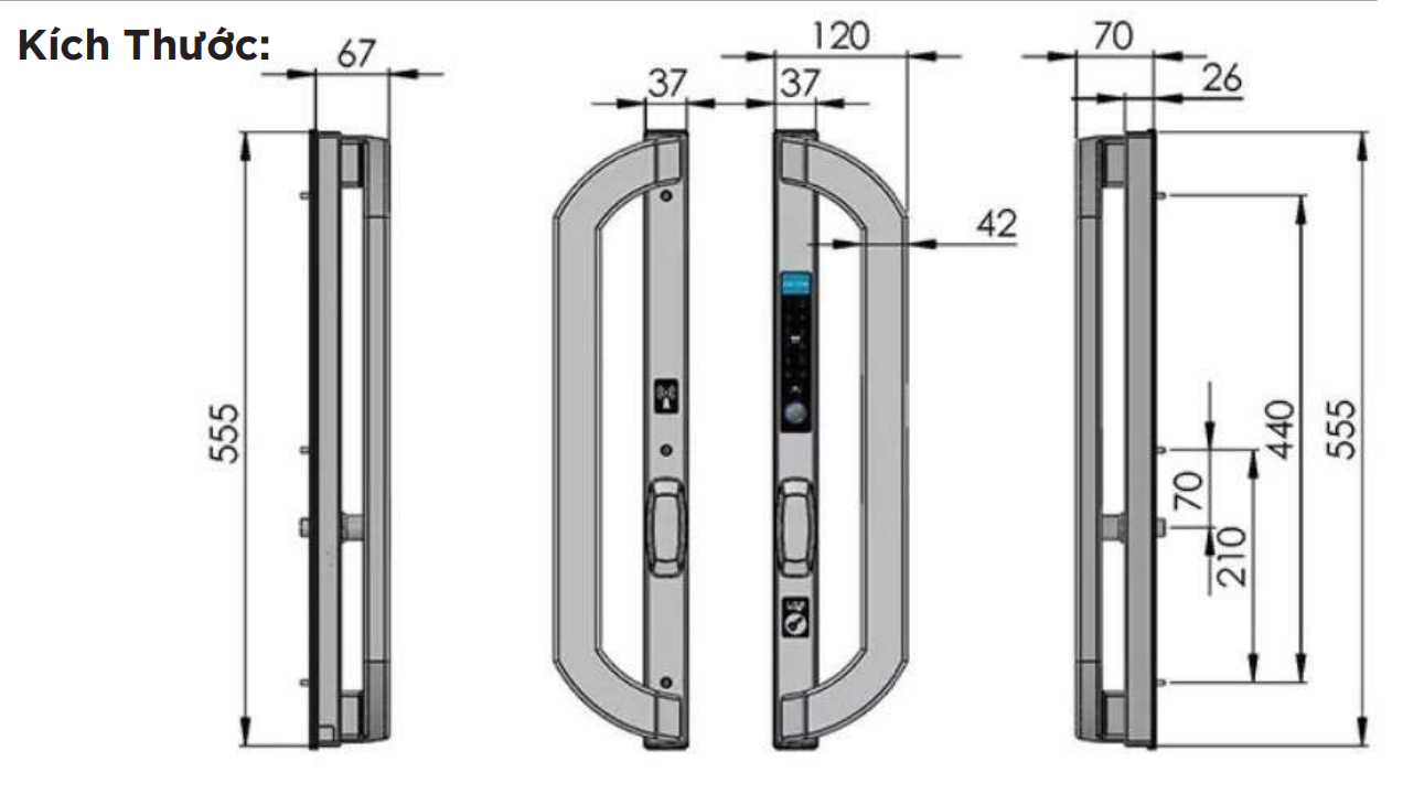 Kích thước khóa cửa nhôm vân tay hubert HB CNI8 EU Black