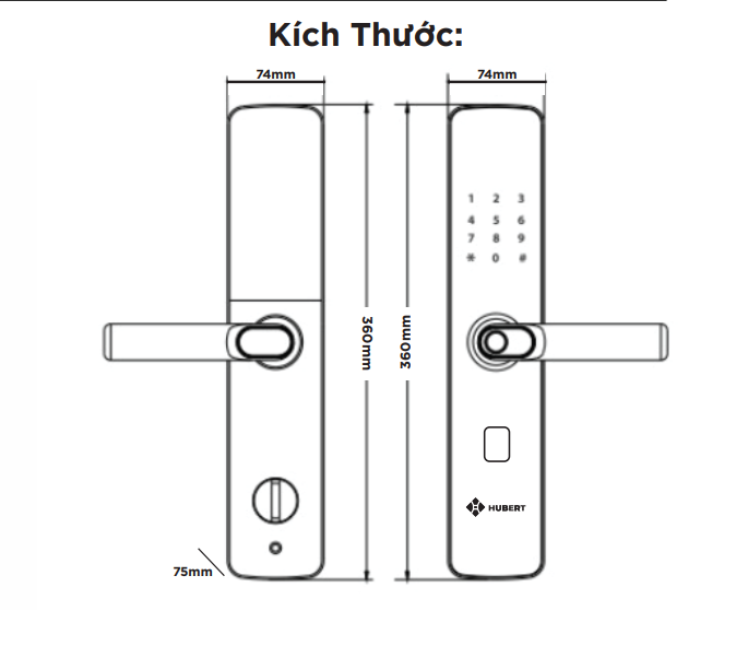 Kích thước khóa cửa gỗ vân tay hubert HB CG62