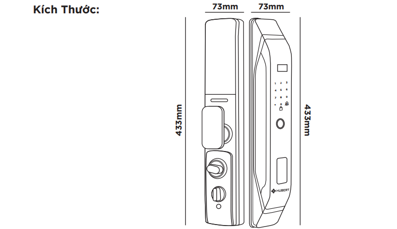 Kích thước khóa cửa nhôm vân tay hubert khóa cửa vân tay Hubert HB CG68 Copper  App wifi