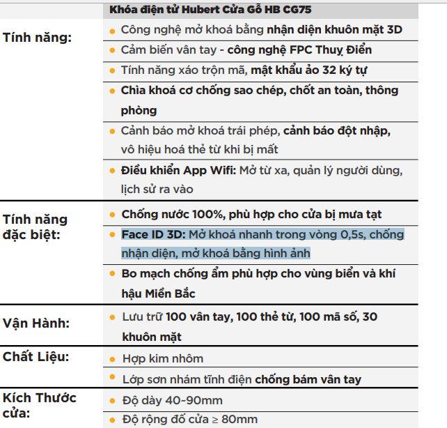 Thông số Khoá cửa nhận diện khuôn mặt Hubert HB CG75