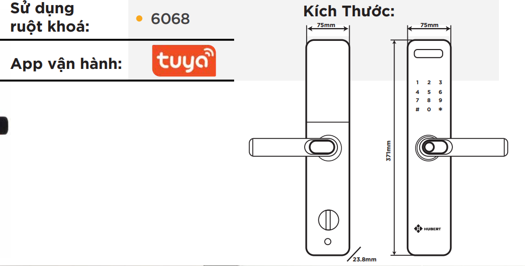 Kích thước khoá cửa nhận diện khuôn mặt Hubert HB CG75 Face ID 