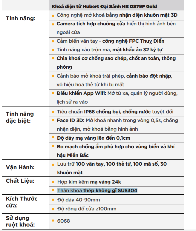 thông sô Hubert HB DS79F Gold Mạ vàng 24K