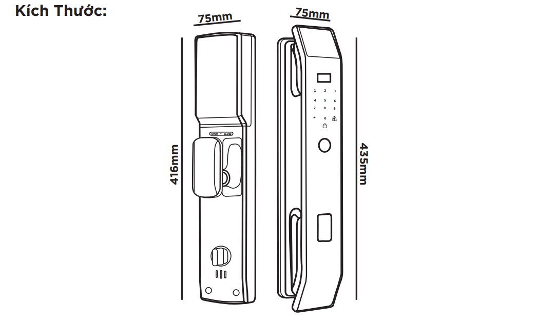 Kích thước khóa cửa nhôm vân tay hubert HB CG25 Black App wifi