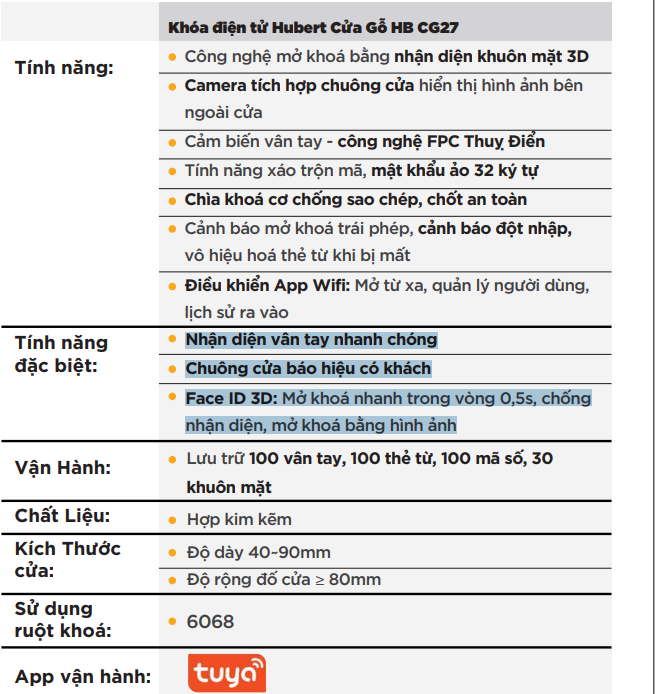 Khóa cửa vân tay Hubert HB CG27 face ID thông số