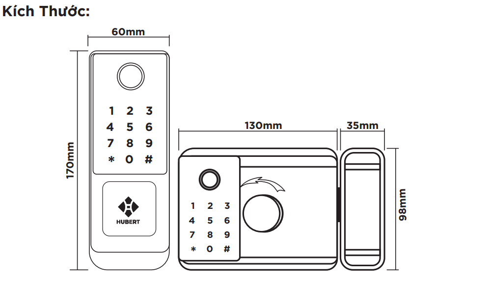 Kích thước khoá điện tử cửa cổng Hubert HB CC68 Black chống nước 
