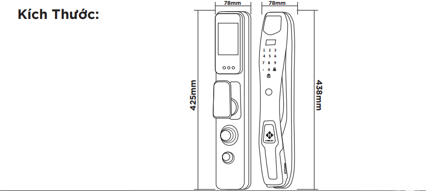 Kích thước khóa cửa vân tay Hubert HB CG27  App wifi