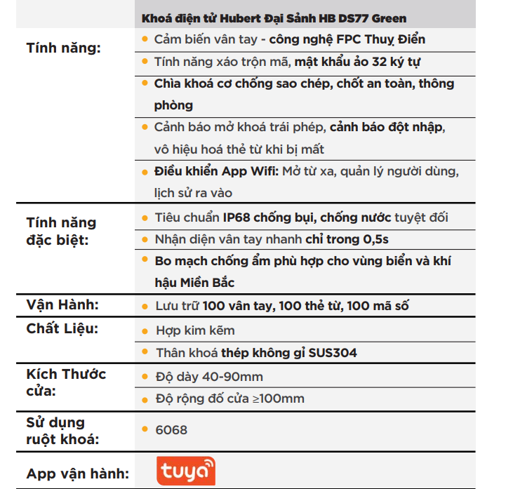 Khóa cửa vân tay đại sảnh Hubert HB DS77 green