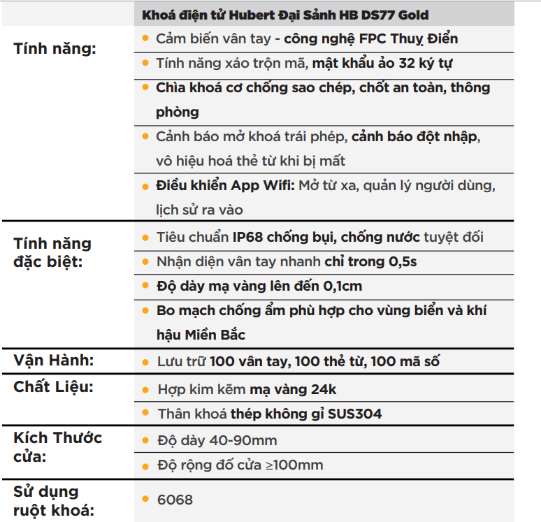 Khóa cửa vân tay đại sảnh Hubert HB DS77 Gold Mạ vàng 24K chính hãng